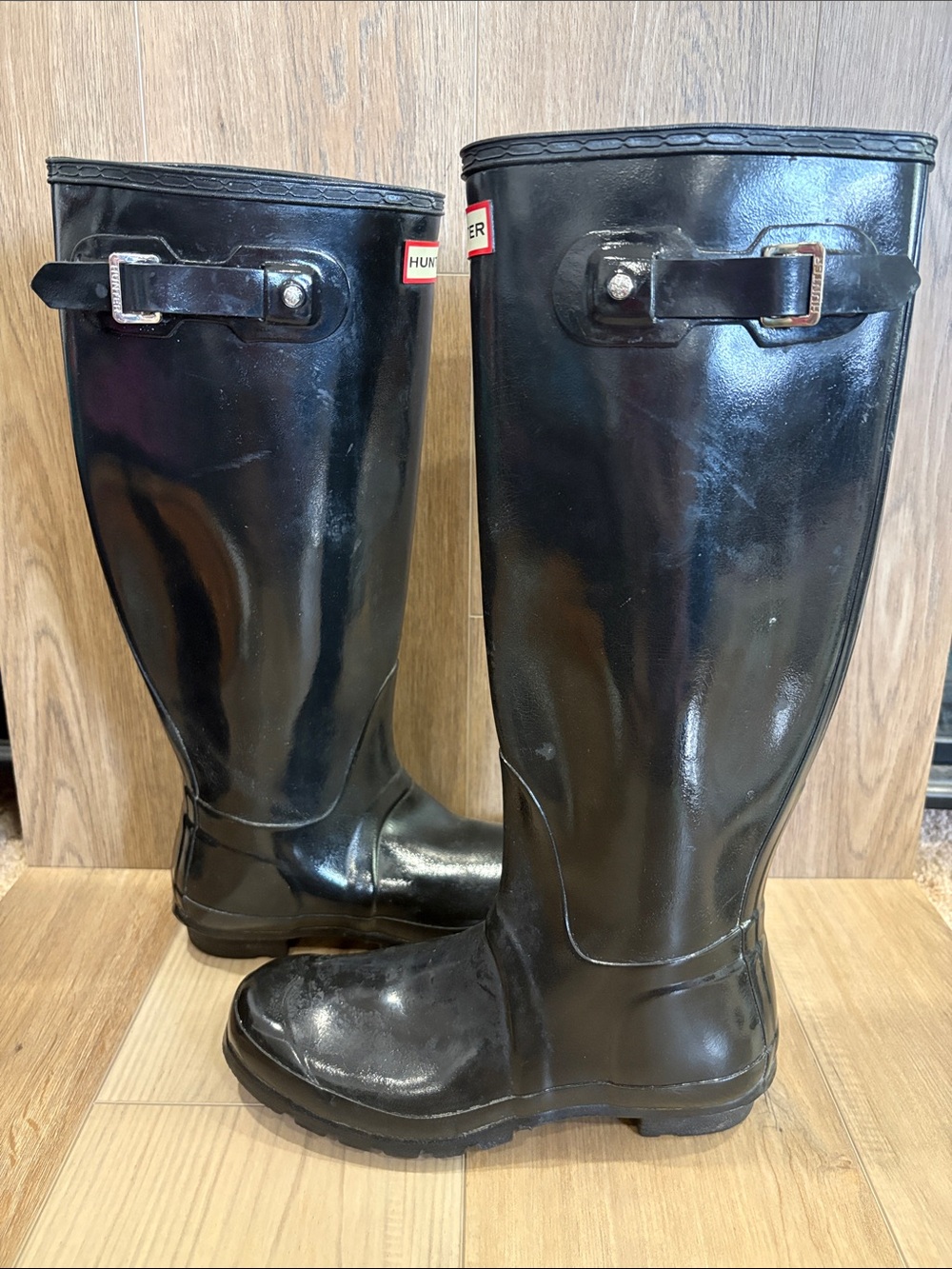 Hunter Original Black Tall Gloss Black Knee-High Rubber Rain Boots Size 8 - Picture 2 of 10